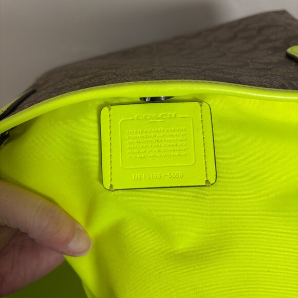 Coach Brown Signature Canvas Neon Lime Green Neon Glo Yellow City Tote - Picture 10 of 10